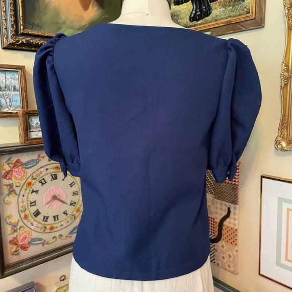 60s Vintage Dark Blue Puff Sleeve Scoop Neck Cheer Squad Top with Letter Buttons - Picture 4 of 4